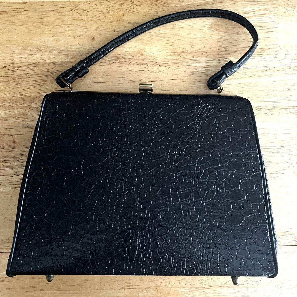 Vintage 1950s 1960s Black Alligator Embossed Wedge Handbag - Mid-Century Modern